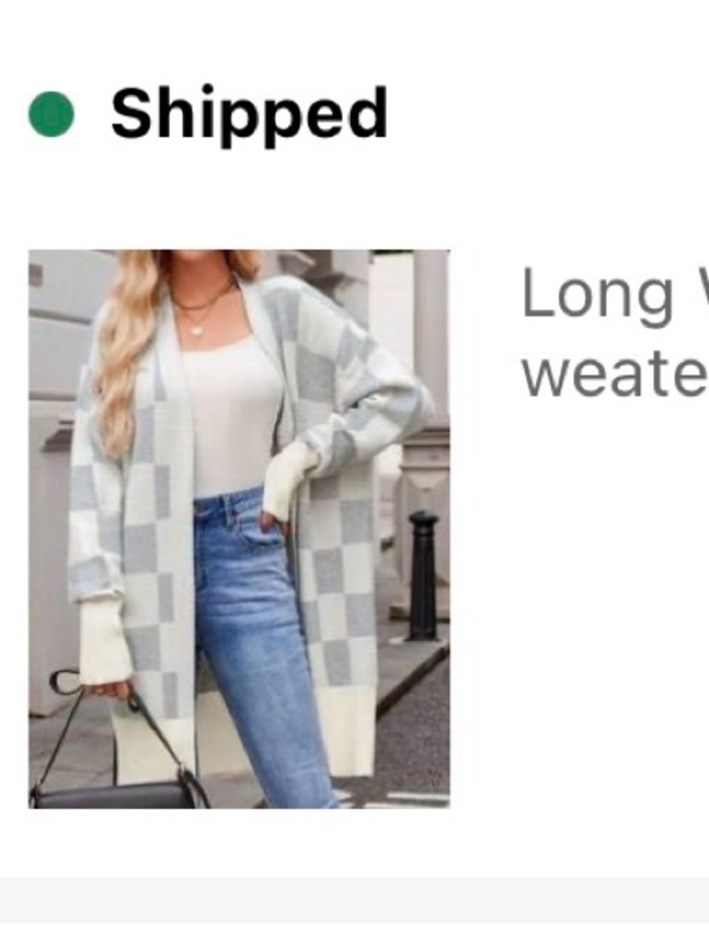Cream and Light Gray Checkered Open-Front Women's Sweater